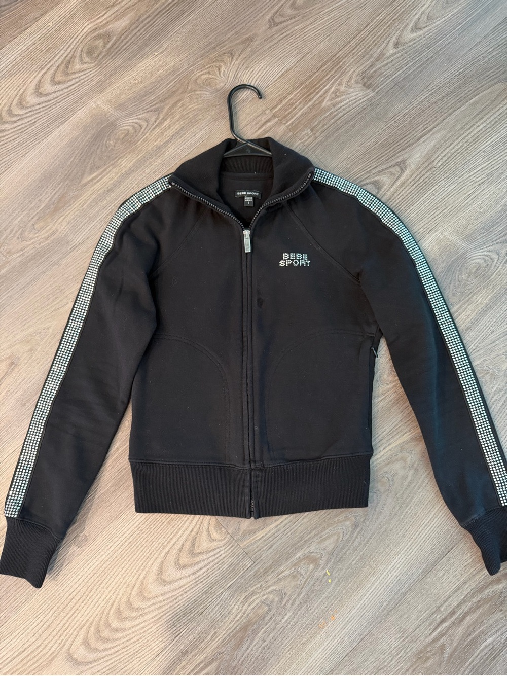 bebe Black Jacket with Silver Rhinestone Logo and Shoulder Trim